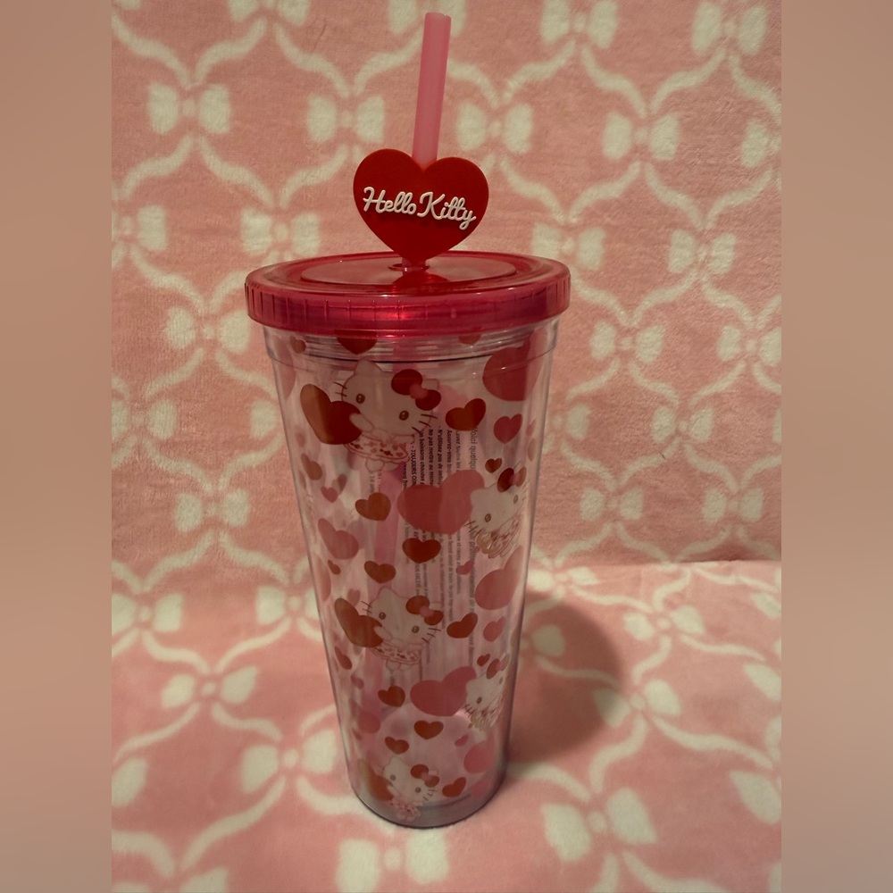 Hello Kitty Pink and Red Heart Acrylic Tumbler with Straw